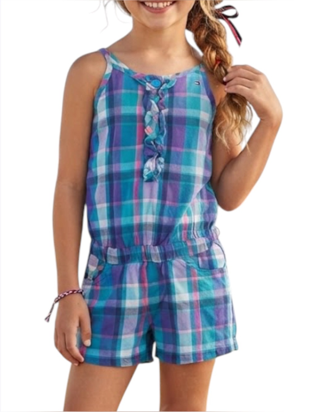 TOMMY HILFIGER Purple Plaid Spaghetti Strap Ruffle Romper Girls Size 6 6Y